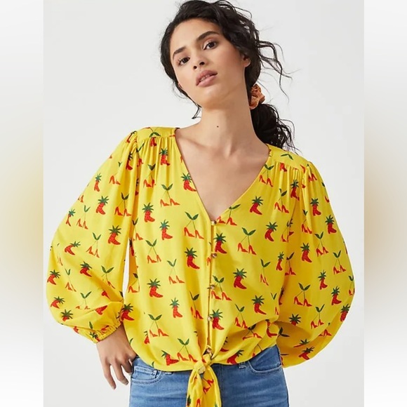 NWT Anthropologie Kendra Dandy Dreamer Buttondown Top Yellow Strawberry - Picture 1 of 11